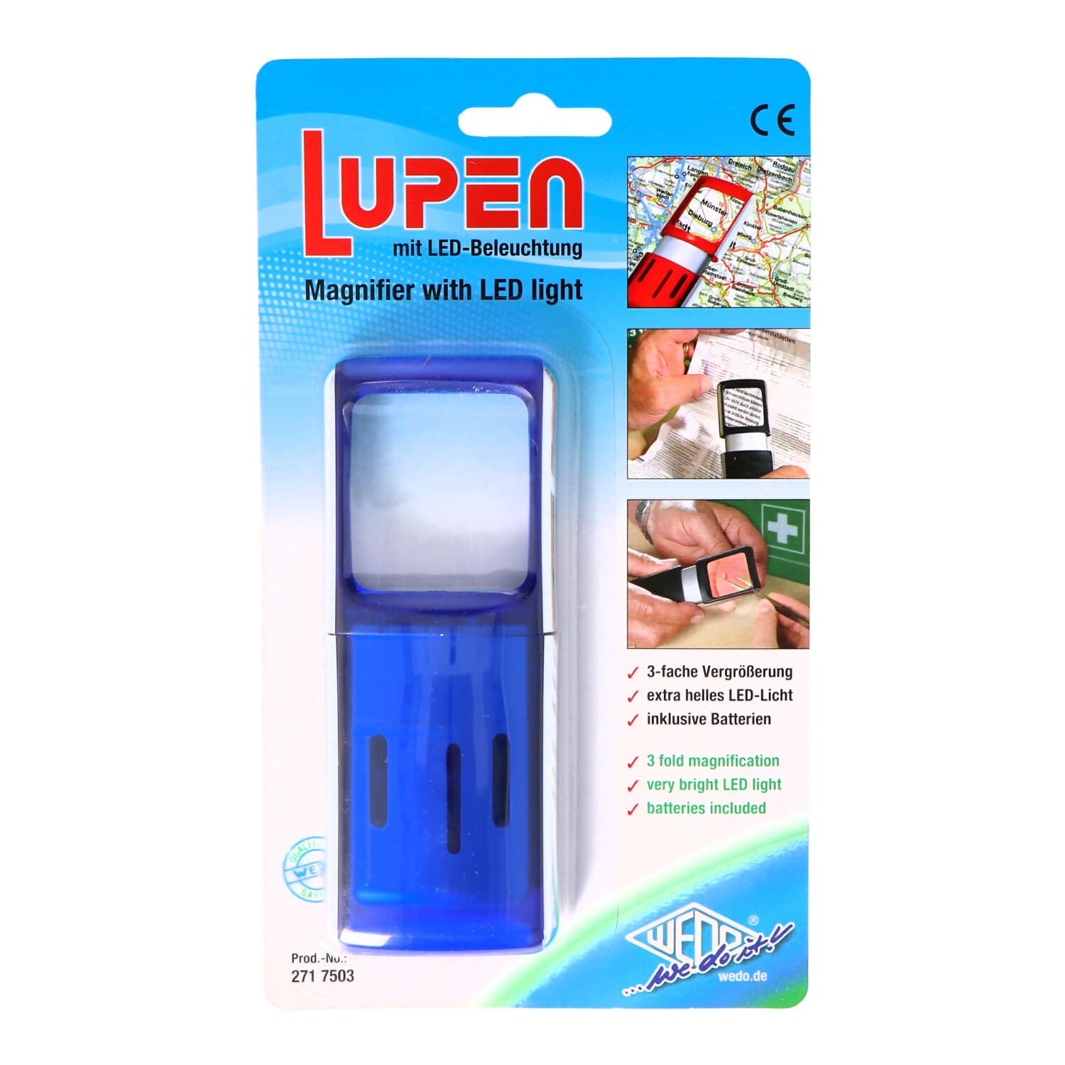 Loupe avec éclairage LED et grossissement 3x, couleur bleu, sous blister