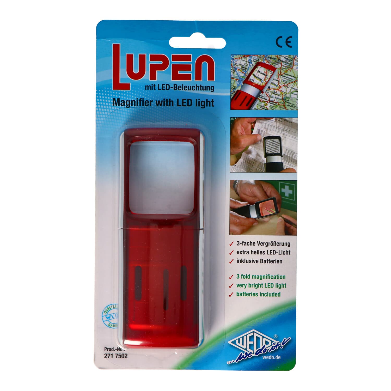 Loupe avec éclairage LED et grossissement 3x, couleur rouge, sous blister