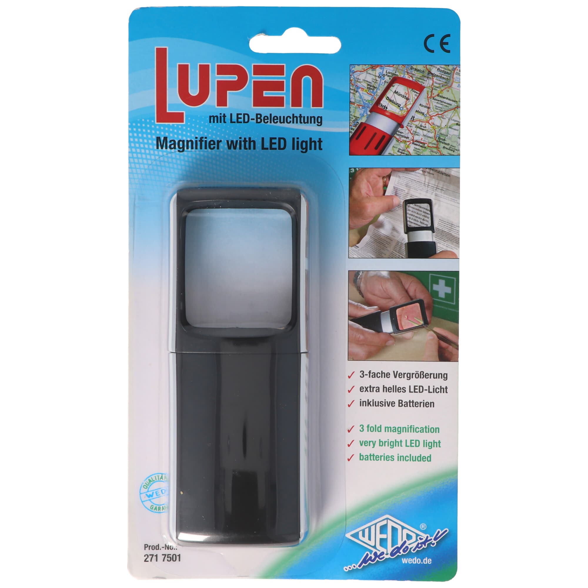 Loupe avec éclairage LED et grossissement 3x, couleur noire, emballage blister
